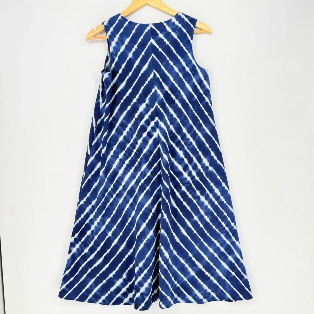 Lands End Midi Dress Womens 4 Petite Blue Tie Dye Chevron Coastal Beach Nautical